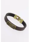 Eskitme Metal Zebra Aksesuarlı Kahverengi Deri Erkek Bileklik