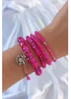Fuşya Renk Zirkon Taşlı Fiyonk Figür Boncuklu Sallantılı Çoklu Bileklik