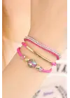 Fuşya Taşlı Ponponlu Metal Aksesuarlı Deri Çoklu Bayan Bileklik