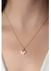 Altın Beyaz  Kelebek Figür  Çelik Kolye
