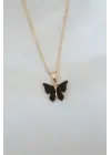 Altın Kaplama Siyah li Sedefli Kelebek Çelik Kolye