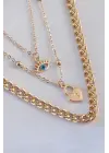 Gold Renk 3lü Zincir Model Kilit Kalp Figür Göz Detay Kadın Kolye