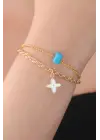 Gold Renk Çiçek Figür Mavi Taş Detay Kadın Bileklik