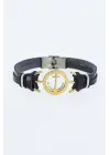 Gold Renk Deniz Çapası Figürlü Metal Aksesuarlı Siyah Renk Deri Erkek Bileklik