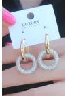 Gold Renk Halka Zirkon Taşlı Halka Model Pirinç Kadın Küpe