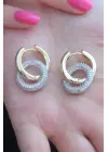 Gold Renk Halka Zirkon Taşlı Halka Model Pirinç Kadın Küpe