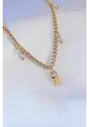 Gold Renk Kilit Figür Zincir Model Zirkon Taş Detay Kadın Kolye