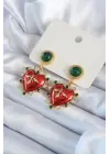 Altın Kırmızı Kalp Model Zirkon Taş Detay  VİP Çelik Küpe
