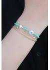 Gold Renk Mavi Boncuk Model Nazar Boncuk Figür 2li Kadın Bileklik