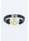 Gold Renk Metal Aksesuarlı Siyah Renk Deri Erkek Bileklik