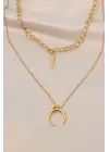 Gold Renk Metal Çift Zincirli Aksesuarlı Kolye