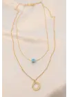 Gold Renk Metal Çift Zincirli Mavi Taşlı Kolye