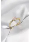 Gold Renk Pembe Tek Taş Model Zirkon Taşlı Kadın Yüzük