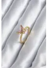 Altın Pembe Zirkon Taşlı Kelebek Model Çelik Yüzük