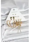 Gold Renk Pirinç 6lı Kadın Küpe Seti Uzun Ay ve Yıldızlı