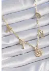 Altın  Pirinç Altın  Zirkon Taş Detay Çoklu Figür Şans Çelik Kolyesi