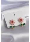 Altın Renkli Zirkon Taşlı Çiçek Model  Çelik Küpe