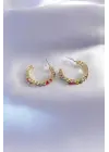 Gold Renk Yarım Halka Model Renkli Kristal Taşlı Kadın Küpe