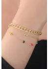 Gold Renk Zincir Model Renkli Taş Detay Kadın Bileklik