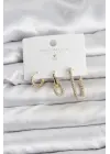Gold Renk Zirkon Taşlı 3lü Kadın Küpe Seti