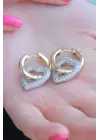 Gold Renk Zirkon Taşlı Halka Kalp Model Pirinç Kadın Küpe