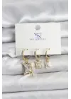 Üçlü Kare Baget Altın Renk Zirkon Taşlı Kadın Küpesi