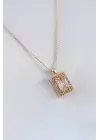 Gold Renk Zirkon Taşlı Kare Model Kadın Kolye
