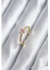 Altın Zirkon Taşlı Pembe Kristal Kalp Model Çelik Yüzük