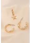 Gold Renkli Metal Minimal Deniz Yıldızı Burgu Detaylı Yarım Halka Küpe Seti