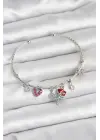Gül Charmlı Gümüş Renk Pirinç Kadın Bileklik