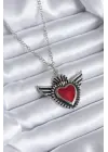 Gümüş  Kanatlı Kırmızı Kalp Model  Çelik Kolye