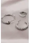Gümüş Renk Metal Zirkon Taşlı Yılan Model Kadın Küpe Seti