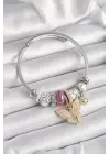 Gümüş Renk Pembe Kalp Detaylı İnci Detaylı Kelebek Figür Charm Bileklik