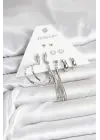 Yapraklı Gümüş Renk Pirinç Püsküllü 6 Çiftli Kadın Küpe Seti