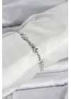 Gümüş Renk Yonca Model Zirkon Taşlı Asansörlü Kadın Bileklik