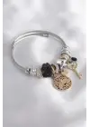 Gümüş Siyah Renk Arı Figür Zirkon Taşlı Anahtar Detay Kadın Charm Bileklik