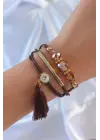 Kahverengi Zirkon Taşlı İpli Püskül Detay Çoklu Bileklik