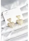 Kalp Model Zirkon Taşlı Gold Renk Pirinç Kadın Küpe