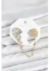 Kiraz Model Çelik Gold Renk Zincir Bağlantılı Ear Cuff Küpe Seti