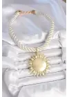 Kırık Beyaz Halat Model Gold Renk Güneş Figürlü Pirinç Kolye