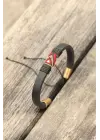 Kırmızı Etnik Desenli Kadın Deri Bileklik
