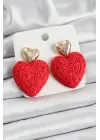 Kırmızı Kalp Figürlü Hasır Örgü Model Gold Renk Kadın Küpe
