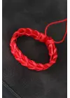 Kırmızı Örgü Deri Erkek Bileklik