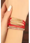 Kırmızı Renk Deri Taşlı Bayan Çoklu Bileklik