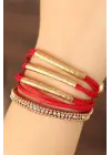 Kırmızı Renk Deri Taşlı Bayan Çoklu Bileklik