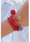 Kırmızı Renk Kar Tanesi Figür Zincir Detay İpli Çoklu Bileklik
