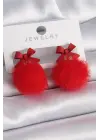Kırmızı Renk Kurdele Ponpon Model Çelik Küpe