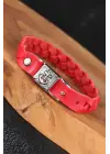 Kırmızı Renk Örgü Model Deniz Çapası Aksesuarlı Deri Erkek Bileklik