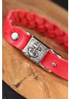 Kırmızı Renk Örgü Model Deniz Çapası Aksesuarlı Deri Erkek Bileklik