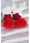Kırmızı Renk Tüylü Yıldız Ponpon Model Çelik Küpe